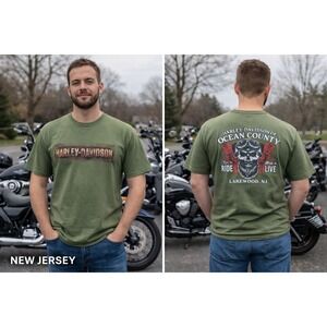 Harley Davidson Ocean County NJ T Shirt Skull Wings Biker Green Men's XL